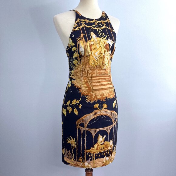 Mark E Toile Graphic Art Print Halter Mini Dress Navy Blue Cotton 2 4 Small XS - Picture 2 of 14